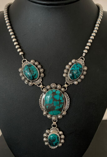 Navajo Lariat Spiderweb Turquoise Pendant Necklace | Sterling Silver | 25" | Authentic Native American Handmade | 01336