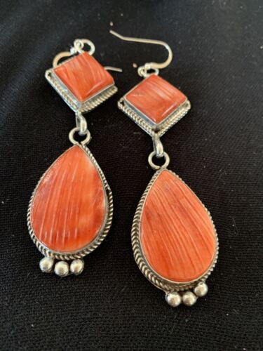 Navajo Red Spiny Oyster Dangle Earrings | Sterling Silver | Authentic Native American Handmade | 203