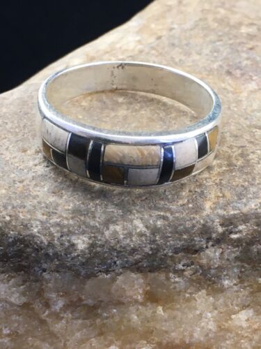 Navajo Sterling Silver Onyx & Picture Jasper Inlay Ring | Sz 13.5 | Authentic Native American Handmade | 01592