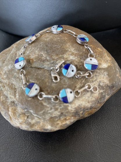 Navajo Blue Turquoise Lapis Inlay Link Bracelet | Sterling Silver | 8" | Authentic Native American Handmade | 1454