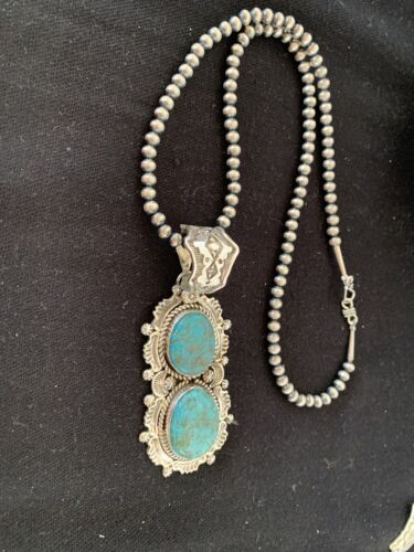 Men's Sterling Silver Navajo Pearls Necklace | Blue Turquoise Pendant | Multi-Stone | Authentic Native American Handmade | 152