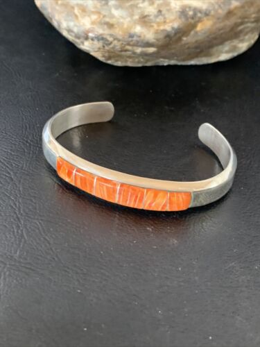 Native American Zuni Orange Spiny Oyster Inlay Cuff Bracelet | Sterling Silver | 12098