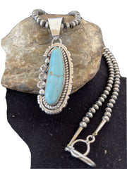 Men's Dry Creek Turquoise Pendant Necklace | Navajo Pearls | Sterling Silver | Authentic Native American Handmade | 1181