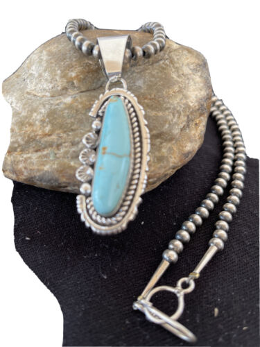 Men's Dry Creek Turquoise Pendant Necklace | Navajo Pearls | Sterling Silver | Authentic Native American Handmade | 1181