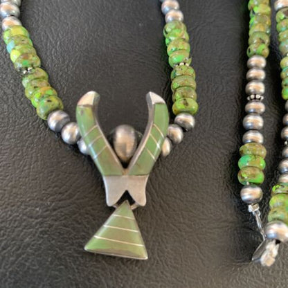 Navajo Green Gaspeite Turquoise Inlay Pendant | Sterling Silver | Authentic Native American Handmade | 13273