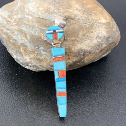 Navajo Blue Turquoise Spiny Inlay Pendant | Sterling Silver | Authentic Native American Handmade | 10881