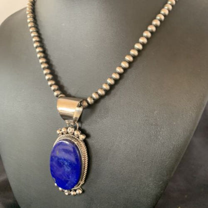 Native American Navajo Blue Lapis Pendant Necklace | Sterling Silver | Authentic Handmade | 11678 - Masha USA