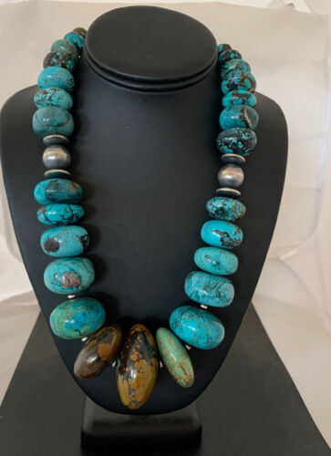 Navajo Pearl Graduated Sterling Silver Natural Blue Turquoise Necklace | Authentic Native American | 22"