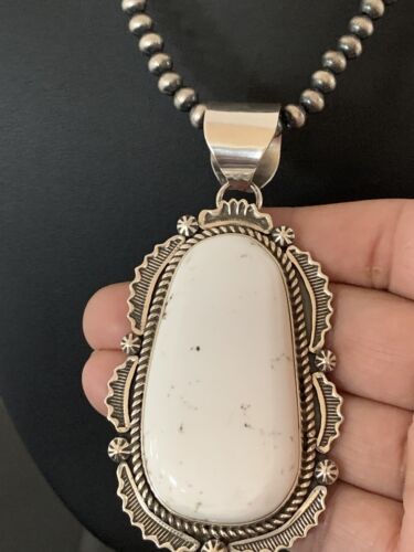 Sterling Silver Navajo White Buffalo Turquoise Pendant | Men's Necklace  | 00340 | Native American Handmade