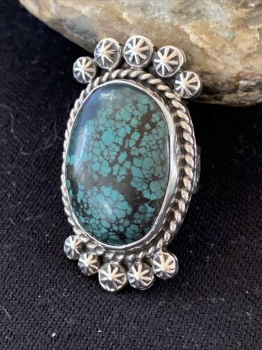 Navajo Blue Spiderweb Turquoise Ring | Sterling Silver | Sz 7 | Authentic Native American Handmade | 01642