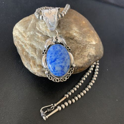 Navajo Denim Lapis Necklace Pendant | Sterling Silver Pearls | Authentic Native American Handmade | 12436