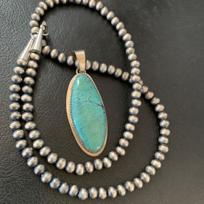 Navajo Pearl Necklace with Blue Spiderweb Turquoise Pendant | Sterling Silver | 13257