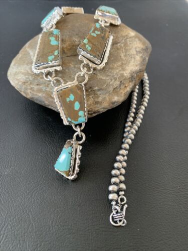 Navajo Handmade Turquoise Lariat Necklace | Long Sterling Silver Pendant | 02039