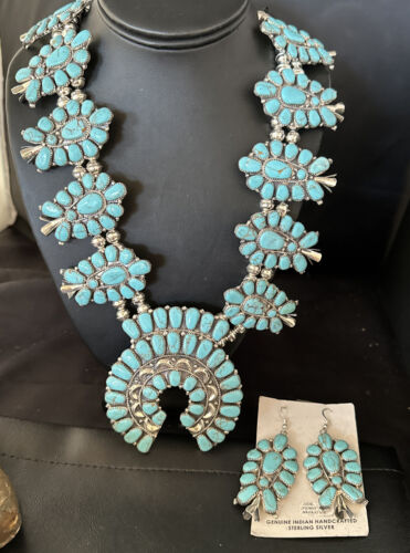 Navajo Blue Turquoise Squash Blossom Necklace & Earrings | Sterling Silver | Authentic Native American Handmade | 14483