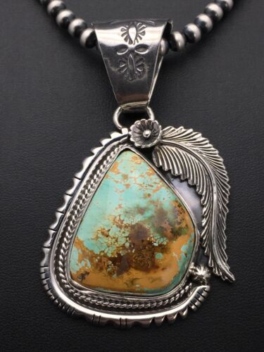 Navajo Pearls Sterling Silver Royston Turquoise Necklace Pendant Set | 2.75" | Authentic Native American Handmade | 2880