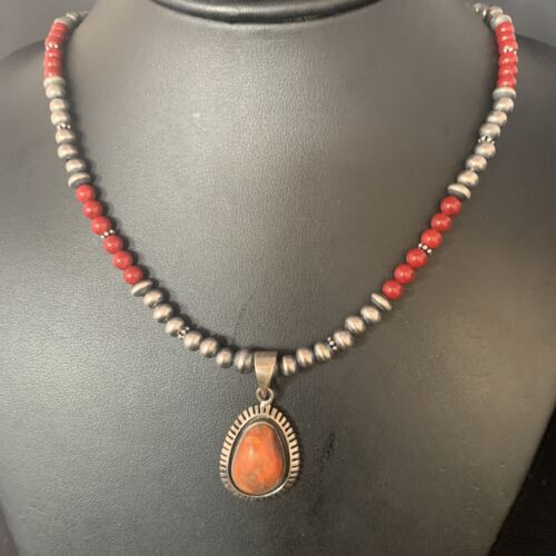 Navajo Red Apple Coral Pendant Necklace | Sterling Silver Beads | Authentic Native American Handmade | 13438
