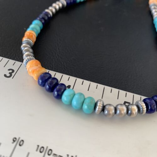 Navajo Blue Lapis Turquoise Orange Spiny Oyster Necklace | Sterling Silver | 22" | 13364 - Masha USA