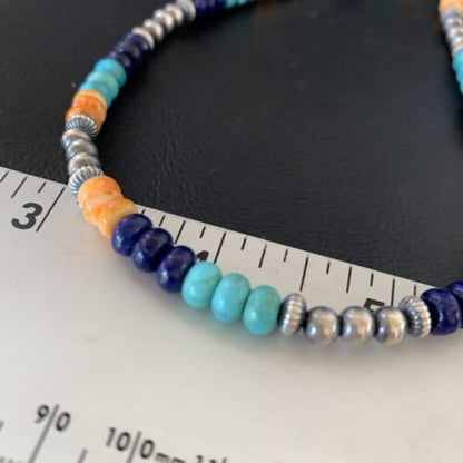 Navajo Blue Lapis Turquoise Orange Spiny Oyster Necklace | Sterling Silver | 22" | 13365