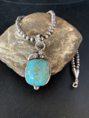 Men's Blue Turquoise #8 Necklace Pendant | Sterling Silver Navajo Pearls | Native American Handmade | 13765