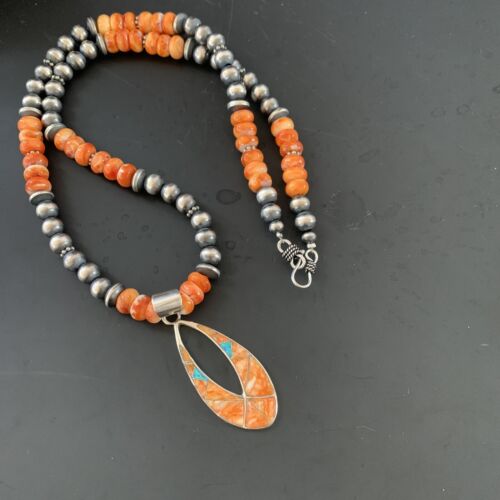 Navajo Pearls Sterling Silver Necklace | Orange Spiny Oyster Inlay Pendant | Authentic Native American Handmade | 11318