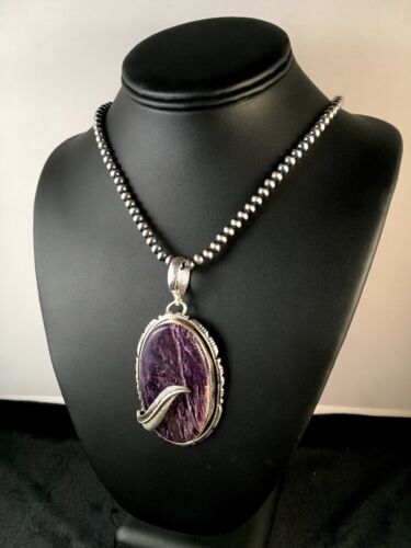 USA Charoite Feather Pendant Navajo Pearls Sterling Silver Necklace 8739
