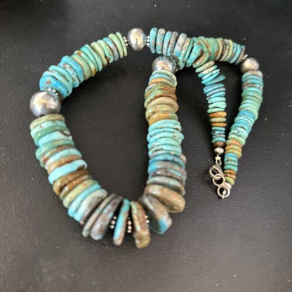 Navajo Blue Green Turquoise Bead Necklace | Sterling Silver | Authentic Native American | 20" | 14238