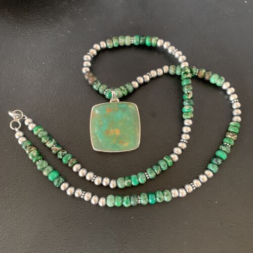 Women's Green Turquoise Pendant Necklace | Navajo Pearls Sterling Bead | Authentic Native American Handmade | 13306