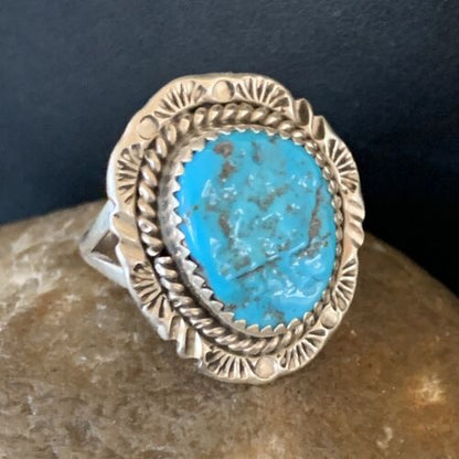 Southwestern Navajo Blue Kingman Turquoise Ring | Sterling Silver | Sz 8 | 12959