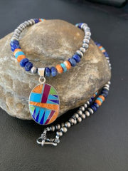 Navajo Multi-Color Spiny Turquoise Inlay Pendant | Sterling Silver | Authentic Native American Handmade | 10658