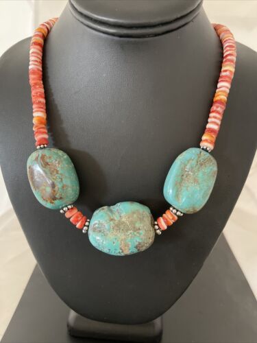 Chunky Turquoise Navajo Pearls | Sterling Silver | Red Spiny Oyster | 22" | Necklace 1239