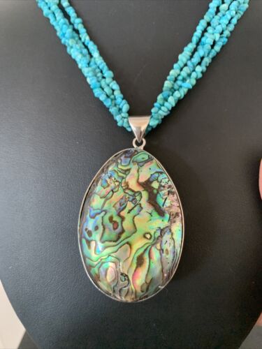 Navajo Sterling Blue Turquoise 4 Strand Necklace | Pava Shell Pendant | 19" Multi-Strand | Southwestern | 00890