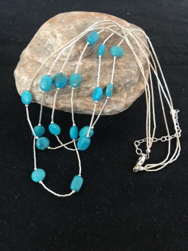 Turquoise Liquid Heishi 3 Strand Necklace | Graduated Sterling Tube | Authentic Native American Handmade | 3695