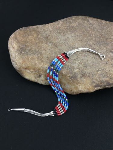 Multi-Color Turquoise Coral 5-Strand Bracelet | Sterling Silver | 7" | Native American Handmade | 13608