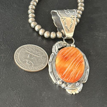 Navajo Orange Spiny Oyster Necklace Pendant | Sterling Silver | Authentic Native American Handmade | 14680
