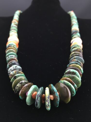 Navajo Graduated Green Turquoise & Spiny Oyster Necklace | Sterling Silver | Authentic Native American | 29" | 1336