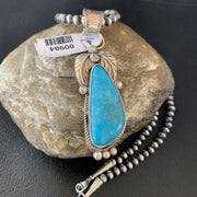 Men's Navajo Pearls Necklace with Blue Kingman Turquoise Pendant | Sterling Silver | 00904