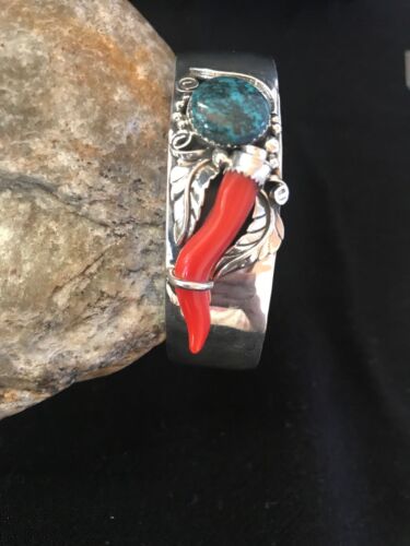 Navajo Spiderweb Turquoise & Coral Bracelet | Sterling Silver | Authentic Native American Handmade | 8366