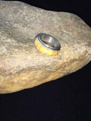 Navajo Yellow Gold Turquoise Inlay Ring | Sterling Silver | Sz 6.5 | 01781