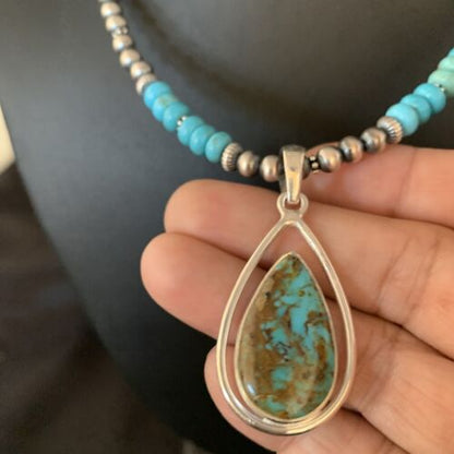 Navajo Blue Turquoise Pendant Necklace | Sterling Silver | Authentic Native American Handmade | 13869