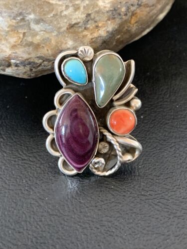 Navajo Sterling Silver Ring | Blue Turquoise & Spiny Oyster | Sz 11 | Native American Handmade | 02127