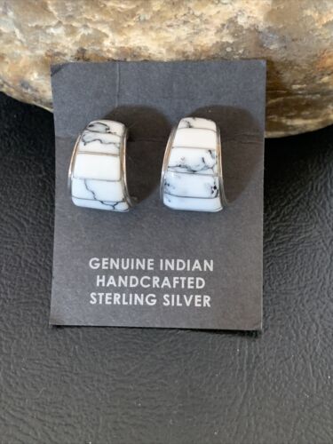 Navajo White Buffalo Turquoise Inlay Earrings | Sterling Silver | 0.5" | Authentic Native American Handmade | 12996