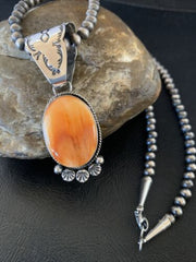Navajo Orange Spiny Oyster Pendant Necklace | Sterling Silver | Authentic Native American Handmade | 13085