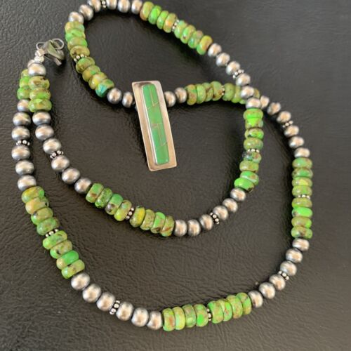 Navajo Green Gaspeite Turquoise Inlay Pendant | Sterling Silver | Authentic Native American Handmade | 13265