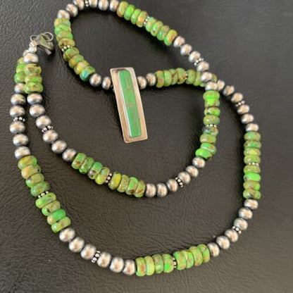 Navajo Green Gaspeite Turquoise Inlay Pendant | Sterling Silver | Authentic Native American Handmade | 13265