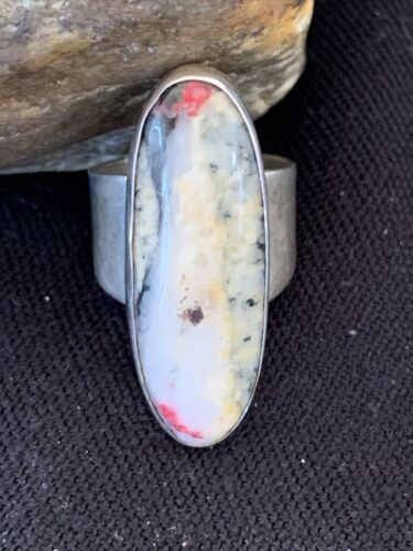 Southwestern Navajo Cinnabrite Ring | White Black | Sterling Silver | Sz 7.5 | 1558
