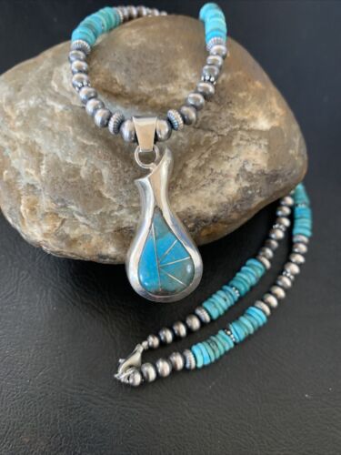 Navajo Pearl Necklace with Blue Turquoise Pottery Pendant | Sterling Silver | Authentic Native American Handmade | 12502