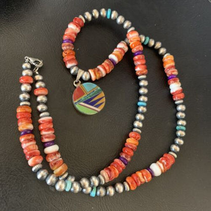 Navajo Multi-Color Spiny Turquoise Inlay Pendant Necklace | Sterling Silver | Authentic Native American Handmade | 12720
