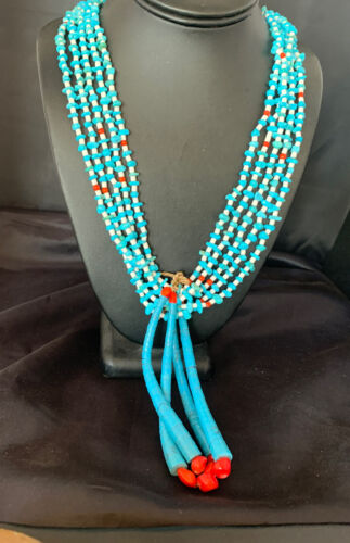 Southwestern Santo Domingo Blue Turquoise Coral Jacla Necklace | 5 Strand | 34" | Native American Handmade | 13180