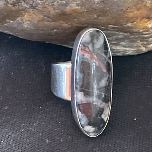 Native American Men's Cinnabrite Ring | Sterling Silver | White Black | Sz 7 | 1569