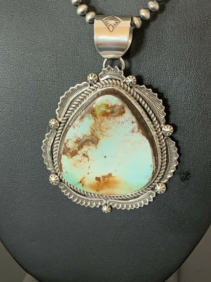 Navajo Pearls Necklace with Blue Royston Turquoise Pendant | Sterling Silver | Authentic Native American Handmade | 336